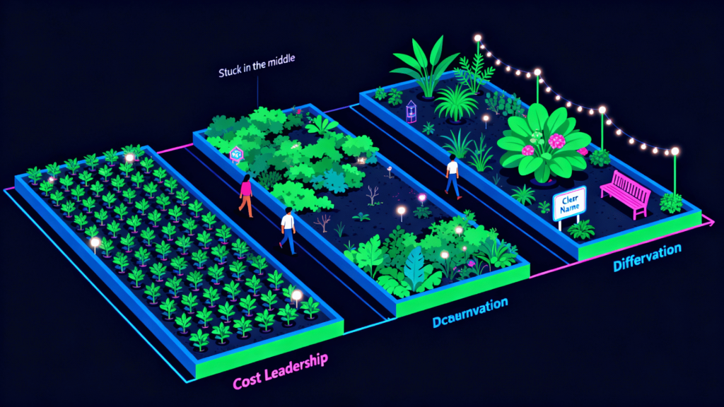 Trạng thái ‘stuck in the middle’: không đủ rẻ để dẫn đầu chi phí, cũng không đủ khác biệt để được chọn – khách hàng đi ngang mà không dừng lại.”