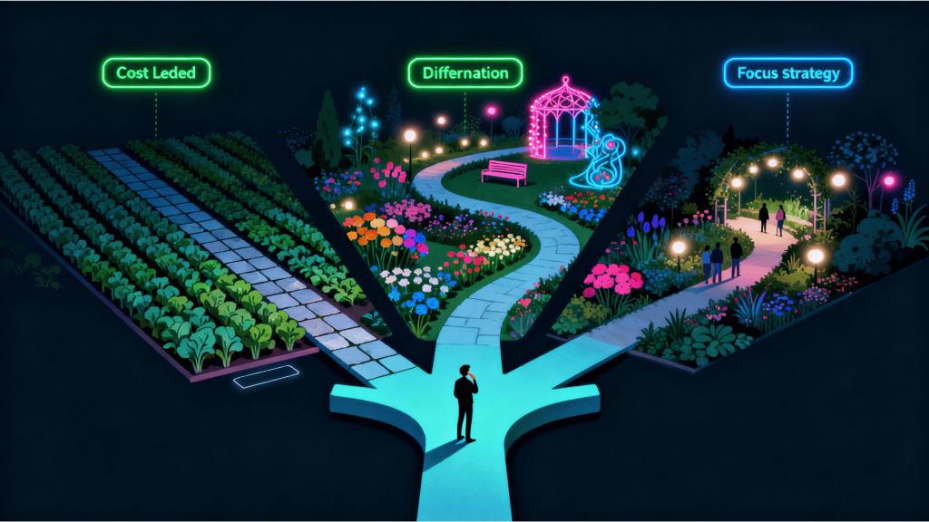 Doanh nghiệp buộc phải chọn một con đường: dẫn đầu chi phí, khác biệt hóa hay tập trung – không thể đi đồng thời cả ba mà vẫn duy trì lợi thế bền vững.