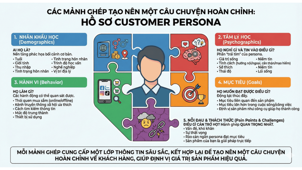Các mảnh ghép của một Customer Persona hoàn chỉnh (Nguồn: Lammardecoc)
